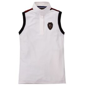 A white polo shirt with black and red trim.