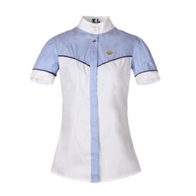 A woman wearing a white and blue shirt.