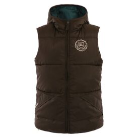 A brown vest with a hood and a blue lining.
