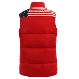 A red vest with an american flag on the front.