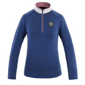 A blue and white long sleeve shirt with a logo on the front.