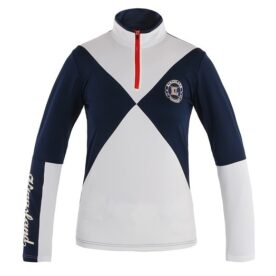 A white and blue shirt with red accents on it.