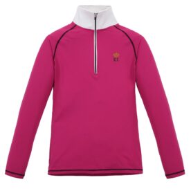 A pink and white long sleeve shirt with a small logo on it.