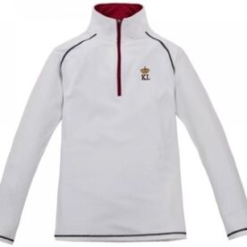 A white jacket with a red trim and a logo on it.