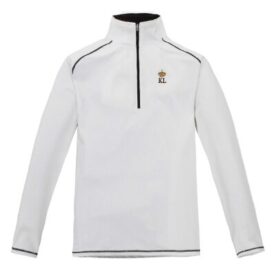 A white jacket with black trim and an orange logo.