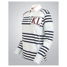 A striped long sleeve polo shirt with the letter kl on it.