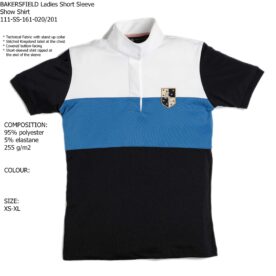 A black, white and blue polo shirt with a crest on the chest.