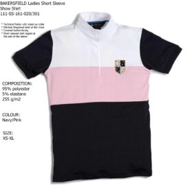 A black, white and pink polo shirt with a patch on the chest.