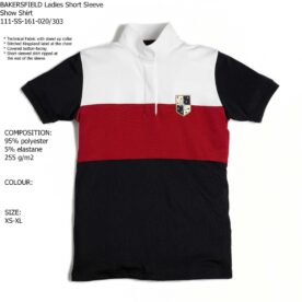 A black, white and red polo shirt with a crest on the chest.