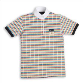 A polo shirt with a colorful pattern on it.