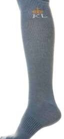 A pair of gray socks on top of a white floor.