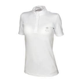 A white polo shirt with a logo on the chest.