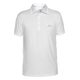A white polo shirt with a small logo on the chest.