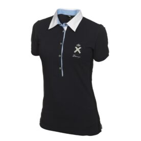 A black polo shirt with a white collar and blue trim.