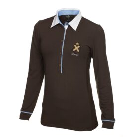 A brown polo shirt with a blue collar and cuffs.