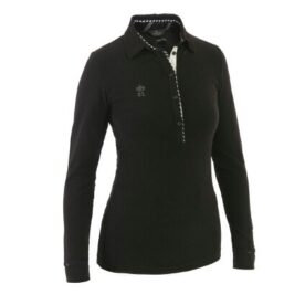A black long sleeve shirt with a white collar.