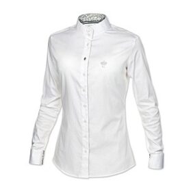 A white shirt with a black collar and a button down.