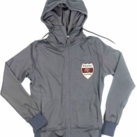 A gray hoodie with a patch on the front.