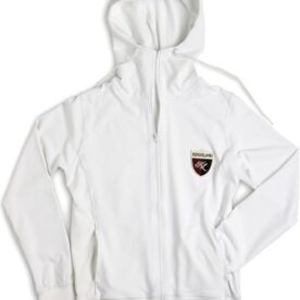 A white hoodie with a patch on the front.