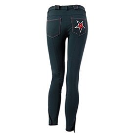 A pair of black pants with red and white star on the side.
