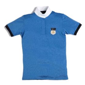 A blue polo shirt with a white collar and black trim.