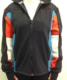 A black jacket with red, white and blue stripes on the front.