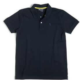 A black polo shirt with a yellow stripe on the chest.