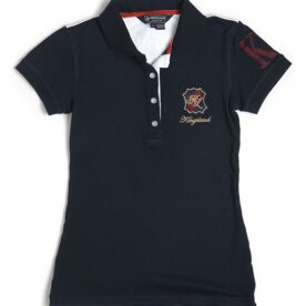 A black polo shirt with red and white trim.