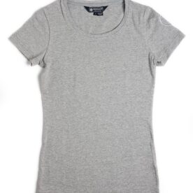 A gray t-shirt is shown on a white background.