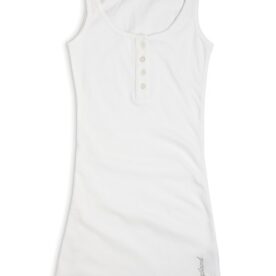 A white dress with buttons on the front.