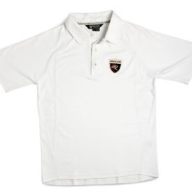 A white polo shirt with a brown and black logo.