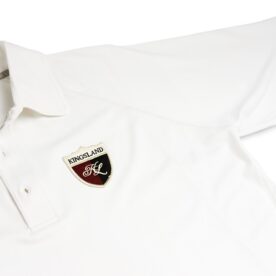 A white polo shirt with a red and black shield on the chest.