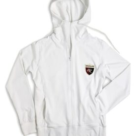 A white hoodie with a patch on the front.