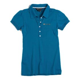 A blue polo shirt with a white collar and buttons.