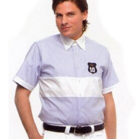 A man in a blue and white shirt with a bear on the chest.