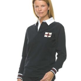 A woman wearing a black rugby shirt with white trim.