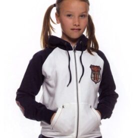 A girl with pigtails wearing a white and black jacket.