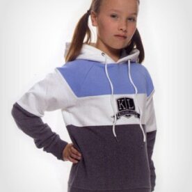 A girl wearing a blue, white and gray hoodie.