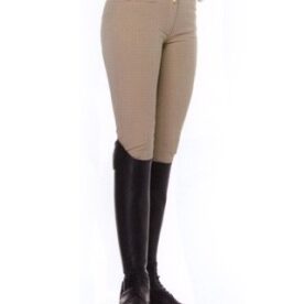 A pair of beige pants with black knee pads.