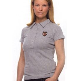 A woman wearing grey polo shirt with brown logo.