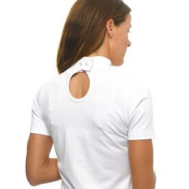 A woman wearing white shirt with open back.