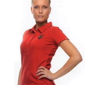 A woman in red shirt posing for the camera.
