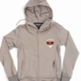 A hooded jacket with a patch on the front.