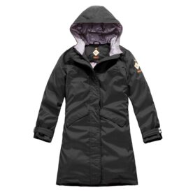 A black coat with a hood and a pink lining.